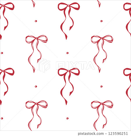 Red bows. Coquette core. Seamless pattern EPS vector hand drawn for cute core, girly, romantic, greeting, wedding design, textile, wrapping, fabric, wallpaper and scrapbooking paper. Outline sketch. 123590251
