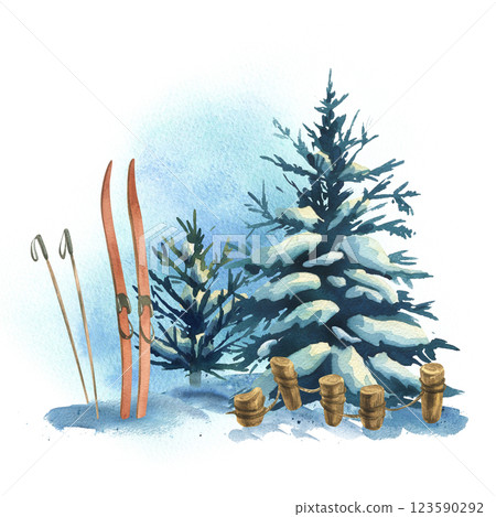 Winter landscape in the forest with skis, spruce trees with snow and snowdrifts, wooden fence. Watercolor hand drawn illustration. Composition simple scene of wild nature isolated from background Winter landscape in the forest with skis, spruce trees with snow and snowdrifts, wooden fence. Watercolor hand drawn illustration. Composition simple scene of wild nature isolated from background 123590292