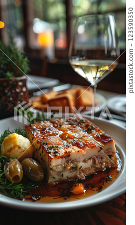 A slice of pate with mustard and gherkins, with a glass of white wine and a beautifully set table in the background 123590350