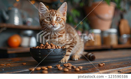 In a cozy kitchen, a stylish bowl of premium cat food on a rustic wooden table, with a happy, well fed cat enjoying its meal 123590386