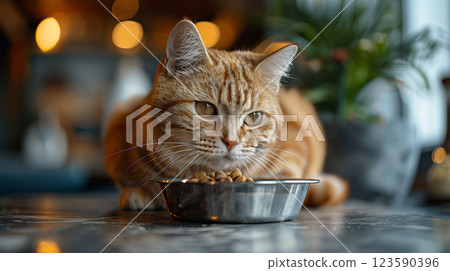 In an opulent setting, a silver dish of premium cat food takes center stage on a polished marble countertop, reflecting the luxurious ambiance 123590396