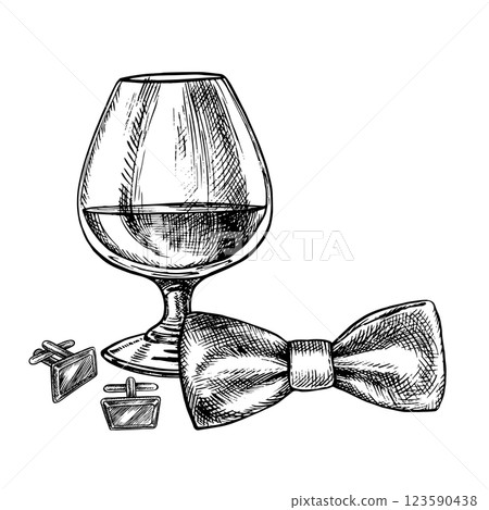 A glass of cognac. A hand-drawn vector graphic illustration. Black and white image of an alcoholic beverage. Separate from the background. Perfect for menus, banners, flyer, package, label, invitation A glass of cognac. A hand-drawn vector graphic illustration. Black and white image of an alcoholic beverage. Separate from the background. Perfect for menus, banners, flyer, package, label, invitation 123590438
