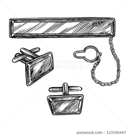 Tie clip and cufflinks. Hand-drawn vector illustration. Clip art of black and white images of men s accessories. Separate from the background. Perfect for banners, flyers, packages, invitations. Tie clip and cufflinks. Hand-drawn vector illustration. Clip art of black and white images of men s accessories. Separate from the background. Perfect for banners, flyers, packages, invitations. 123590447
