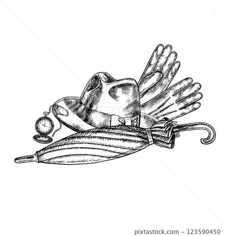 Men s hat, pocket watch, umbrella, cane and gloves. Hand-drawn vector illustration. Black and white image of vintage men s accessories. Perfect for banners, flyers, packages, labels, invitations. Men s hat, pocket watch, umbrella, cane and gloves. Hand-drawn vector illustration. Black and white image of vintage men s accessories. Perfect for banners, flyers, packages, labels, invitations. 123590450