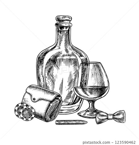 Cognac, cigar, casino chips and a purse full of money. Hand-drawn vector illustration. A black and white image with a men s theme and a casino. For banners, flyers and packages, invitations, posters Cognac, cigar, casino chips and a purse full of money. Hand-drawn vector illustration. A black and white image with a men s theme and a casino. For banners, flyers and packages, invitations, posters 123590462