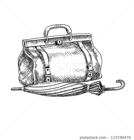 Vintage travel bag and umbrella cane. Hand-drawn vector illustration. A black and white travel-themed image. For postcards, banners and flyers, greeting cards and invitations for Traveler s Day. Vintage travel bag and umbrella cane. Hand-drawn vector illustration. A black and white travel-themed image. For postcards, banners and flyers, greeting cards and invitations for Traveler s Day. 123590476