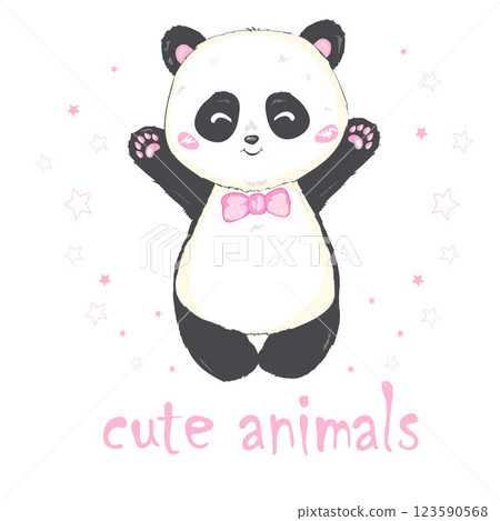 Vector Illustration: A cute cartoon giant panda is sitting on the ground, sticking tongue out, with a branch of bamboo leaves in hand Vector Illustration: A cute cartoon giant panda is sitting on the ground, sticking tongue out, with a branch of bamboo leaves in hand 123590568