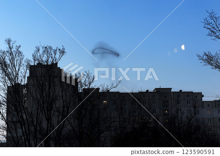 The smoke after explosion of russian Geran-2 Shakhed -136 combat drone The smoke after explosion of russian Geran-2 Shakhed -136 combat drone 123590591