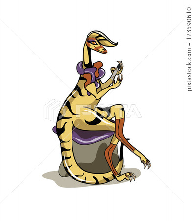 Illustration of an Iguanodon polishing her nails. 123590610