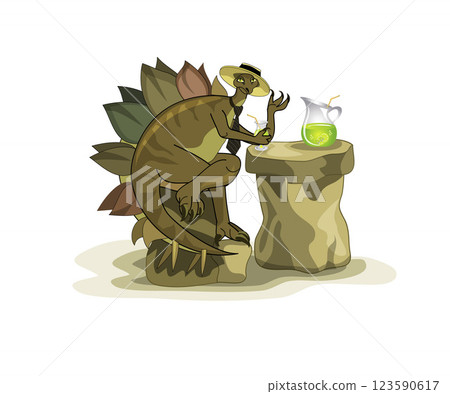 Illustration of a Stegosaurus drinking a beverage. 123590617