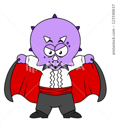 Cartoon illustration of a Ceratops dinosaur dressed up as Count Dracula. 123590637