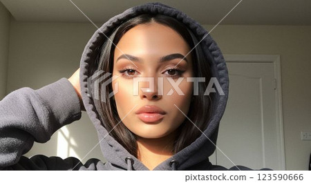 Mysterious young woman in a hood 123590666