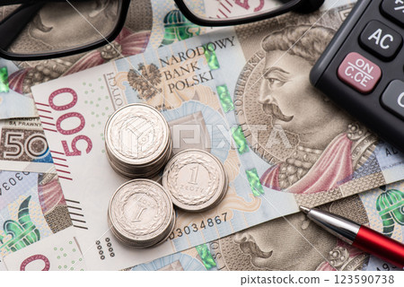 Polish money, coins stack, polish currency concept 123590738