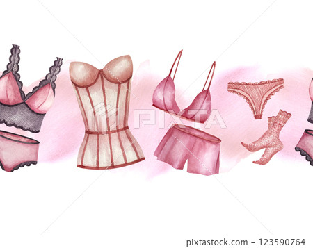 Lingerie seamless border. Banner with women corset, lace socks and panties, pink pajamas on watercolor spot. Illustration isolated from background. For web design in underwear store, print product Lingerie seamless border. Banner with women corset, lace socks and panties, pink pajamas on watercolor spot. Illustration isolated from background. For web design in underwear store, print product 123590764