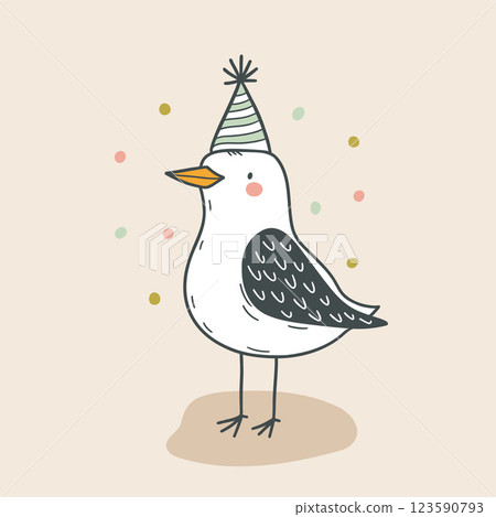 Cute cartoon seagull in a festive hat on a background of beautiful decorations, flat vector illustration Cute cartoon seagull in a festive hat on a background of beautiful decorations, flat vector illustration 123590793