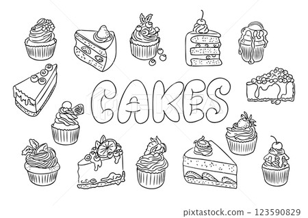 Black hand drawn illustration of various cakes Black hand drawn illustration of various cakes 123590829