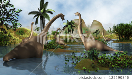 Brachiosaurus dinosaurs grazing in a prehistoric environment. Brachiosaurus dinosaurs grazing in a prehistoric environment. 123590846