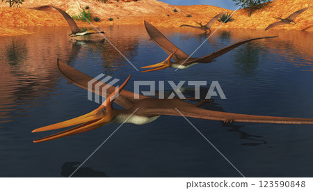 Pteranodon reptiles searching for food in a lake. 123590848