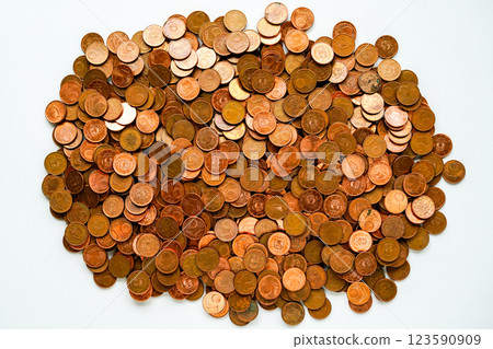 A stack of one euro cent coins from copper-plated steel material on a white background A stack of one euro cent coins from copper-plated steel material on a white background 123590909