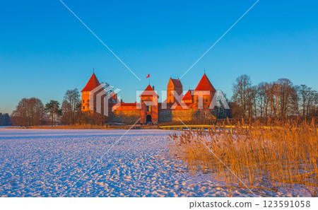 Trakai castle at winter, beautiful medieval castle in the evening light. Lithuania 123591058
