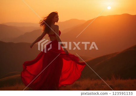 A woman in a red dress is standing on a hillside 123591133