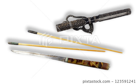 Display of handcrafted antique silver eating utensils from Mongolia, featuring a stylized container, chopsticks, and a knife, all reflecting the rich culinary traditions and artistry. Display of handcrafted antique silver eating utensils from Mongolia, featuring a stylized container, chopsticks, and a knife, all reflecting the rich culinary traditions and artistry. 123591241