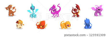 Fairy Dragons and Colorful Lizard with Tail and Wings Vector Set Fairy Dragons and Colorful Lizard with Tail and Wings Vector Set 123591309
