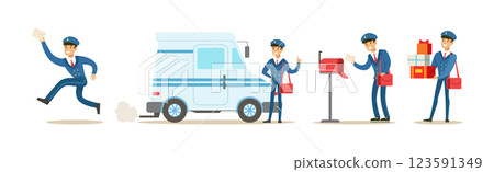 Man Postman in Blue Uniform Delivery Letter Envelope Vector Set Man Postman in Blue Uniform Delivery Letter Envelope Vector Set 123591349