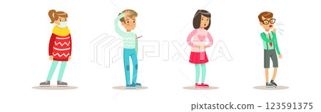 Sick Children Feeling Unwell Suffering and Needing Help Vector Set Sick Children Feeling Unwell Suffering and Needing Help Vector Set 123591375