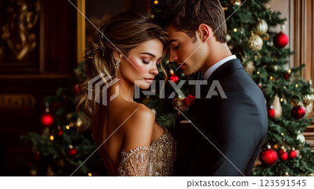 Elegant couple stands closely beside a decorated evergreen tree adorned with red and gold ornaments. Concept of romance and festive elegance. 123591545