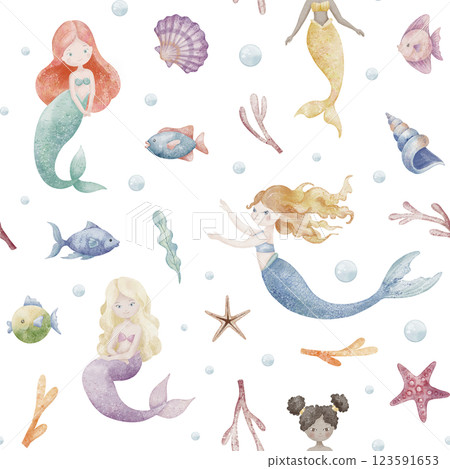 Seamless watercolor Pattern with Mermaids, corals, seashells, and underwater elements. Illustration of ornament for childish fabric or kids bed linen. Art for wrapping paper or baby textile. 123591653