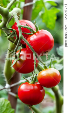 Red tomatoes hang from a vine among green leaves. Concept: fresh produce growth. 123591751