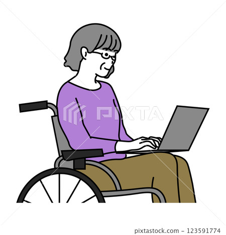 一位老年婦女坐在輪椅上使用電腦的插圖 123591774