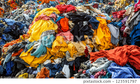 Piles of colorful discarded clothes lie in heaps outdoors. Concept of textile waste and environmental impact. For raising awareness on sustainability issues. 123591797