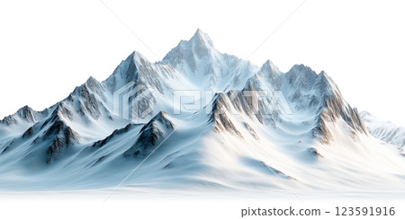 Snowy mountain range with sharp peaks and white slopes, isolated on a transparent background. Winter mountains, alpine peaks, snowy landscape, mountain range, isolated for design and projects. 123591916