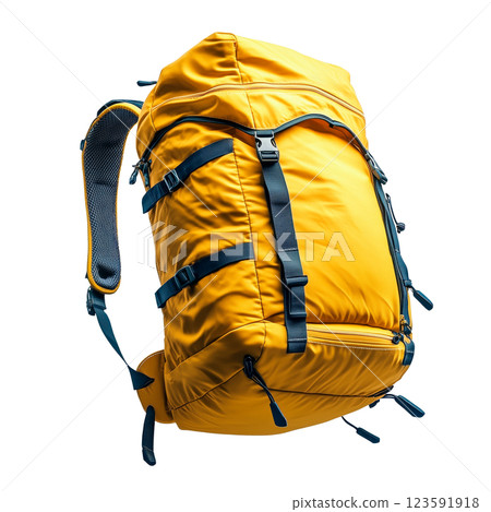 Bright yellow hiking backpack with multiple pockets and adjustable straps, isolated on a transparent background. High-quality close-up of a durable travel backpack 123591918