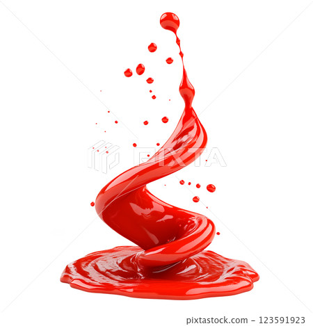 Dynamic red liquid splash forming a spiral shape with scattered droplets, isolated on a transparent background. High-quality close-up, perfect for design elements, advertising. 123591923