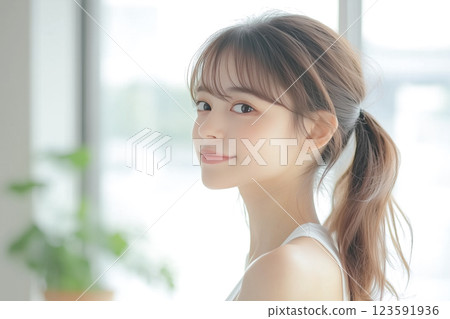 Healthy and beautiful young woman. Ideal character material for beauty design 123591936