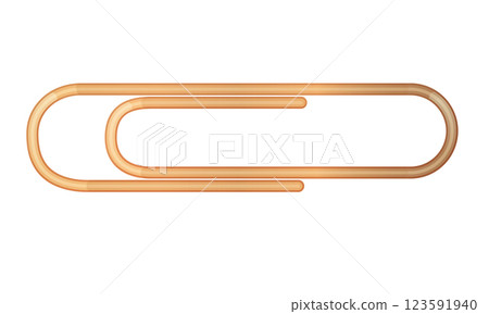 A vector illustration of a golden metallic paper clip, isolated on a white background. The clip has a realistic glossy finish and is commonly used for holding documents together. Ideal for office 123591940