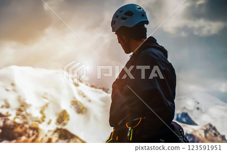 Young man is traveling, hiking in the mountains. 123591951