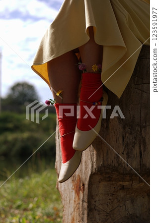 Vintage-inspired outfit with red socks, ballet flats, and flowers, sitting on a tree stump Vintage-inspired outfit with red socks, ballet flats, and flowers, sitting on a tree stump 123591977