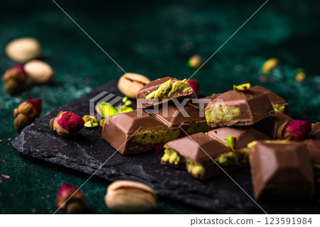 Dubai chocolate with kadayif pistachio filling Dubai chocolate with kadayif pistachio filling 123591984
