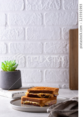 Grilled sandwich with ham and melted cheese 123591993