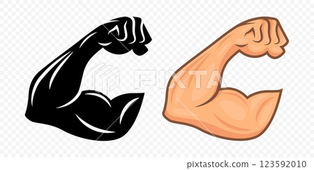 Strong Arm Flexing Bicep Muscle Icon Set. Bold Fitness Gym Logo With Flexed Arm. Power Muscle Illustration For Sports Branding, Flexing Arm Silhouette, Strength Design Template 123592010