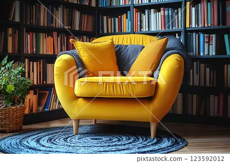 Comfortable yellow armchair with decorative pillows in front of a large bookshelf, creating a cozy reading corner 123592012