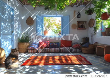 Mediterranean-style cozy outdoor seating area with vibrant textiles, blue shutters, woven baskets, and a cat 123592013
