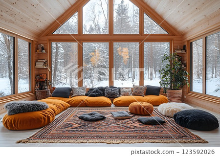 Modern rustic reading nook with floor cushions, large windows, and a snowy forest view Modern rustic reading nook with floor cushions, large windows, and a snowy forest view 123592026
