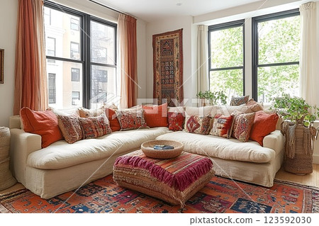 Bohemian-style living room with a neutral-toned sectional sofa, colorful ethnic cushions, textured decor Bohemian-style living room with a neutral-toned sectional sofa, colorful ethnic cushions, textured decor 123592030