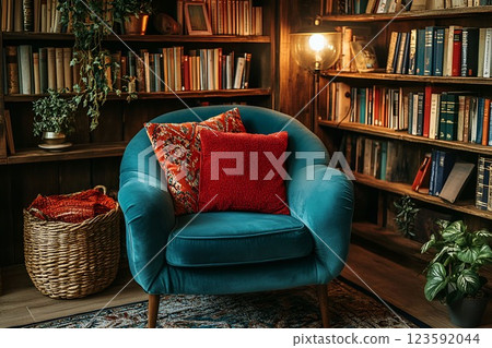 Elegant reading nook with a teal velvet armchair, red decorative pillows, and a wooden bookshelf filled with books Elegant reading nook with a teal velvet armchair, red decorative pillows, and a wooden bookshelf filled with books 123592044