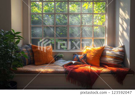 Sunlit reading nook by a large window with a built-in bench, soft knitted pillows, a warm blanket, and an open book Sunlit reading nook by a large window with a built-in bench, soft knitted pillows, a warm blanket, and an open book 123592047